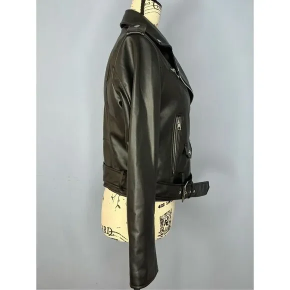 Zara US Medium Black Faux Leather Motorcycle Moto Jacket Pockets - Picture 3 of 13